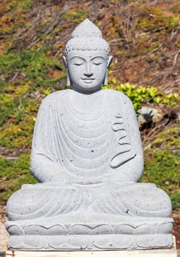 Buddha Garden Sculpture Meditating in Dhyana Mudra on Lotus Base, Carved in Natural Stone 41"