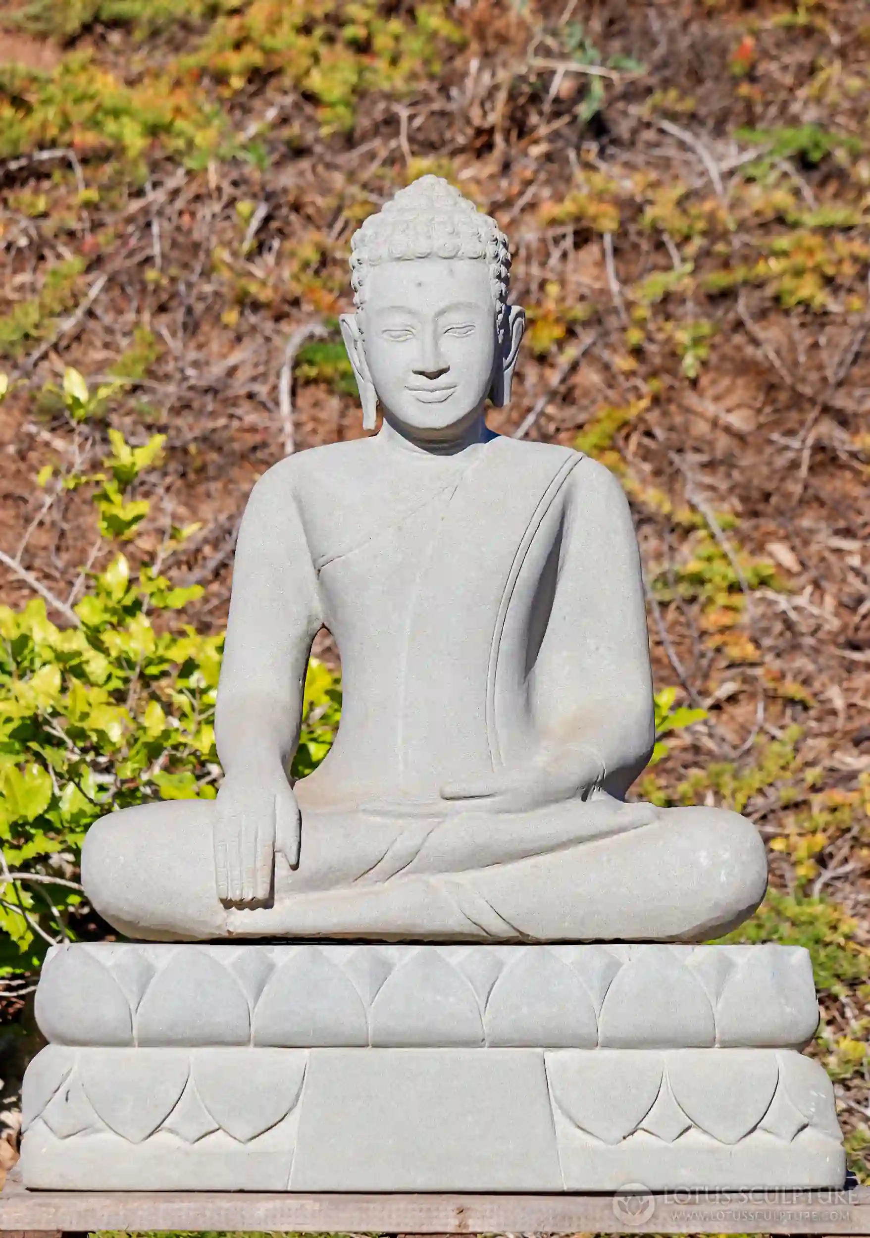 Buddha Sandstone Sculpture Seated in Earth-Touching Mudra Carved in Cambodia 36"