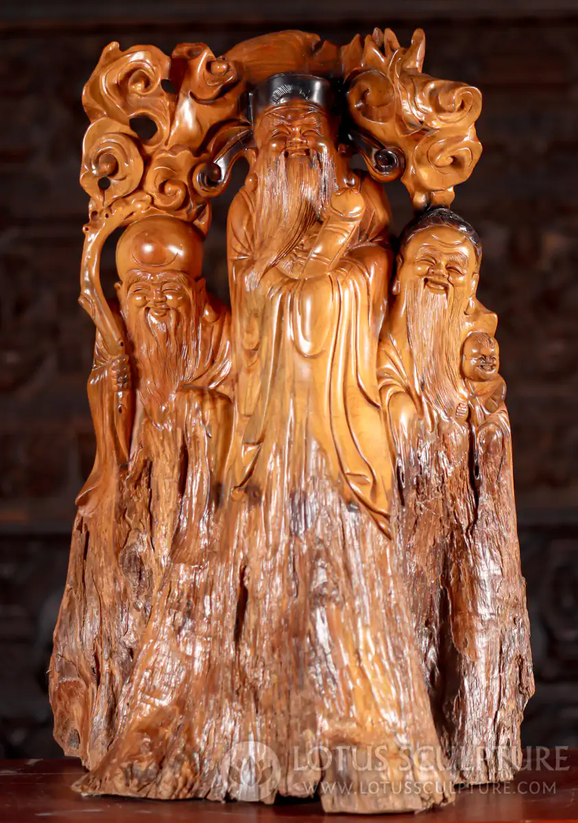 Wood Statue of Lao Tzu, Confucius & Buddha Surrounding with Smoke and Natural Base 23.5"
