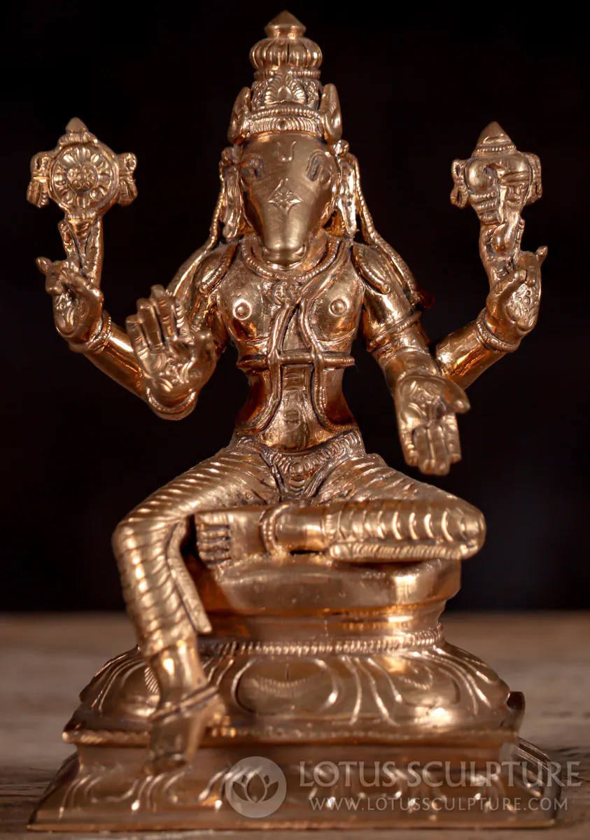 Varaha Bronze Statue Vishnu's Avatar in Abhaya & Varada Seated in Lalitasana 6"