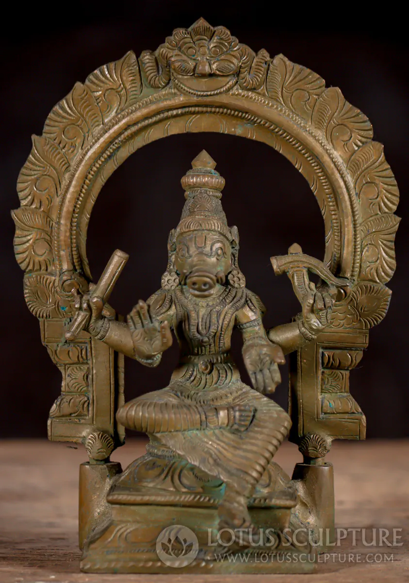 Varahi StatueSouth Indian Panchaloha Bronze Seated with 4 Arms & Arch 7"