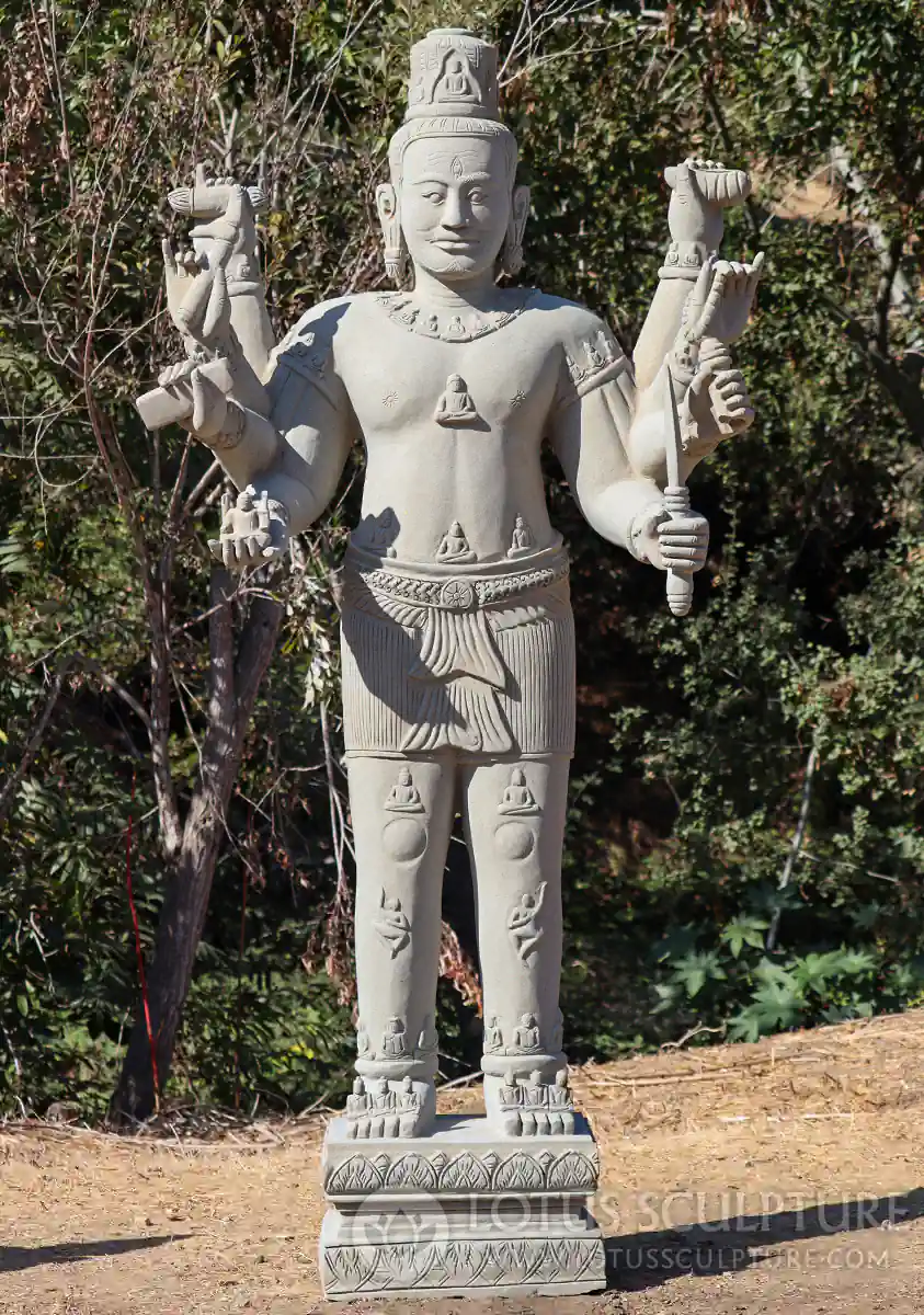 Vishnu Sandstone Sculpture with Buddhas, Eight-Arms in Standing Pose 92"