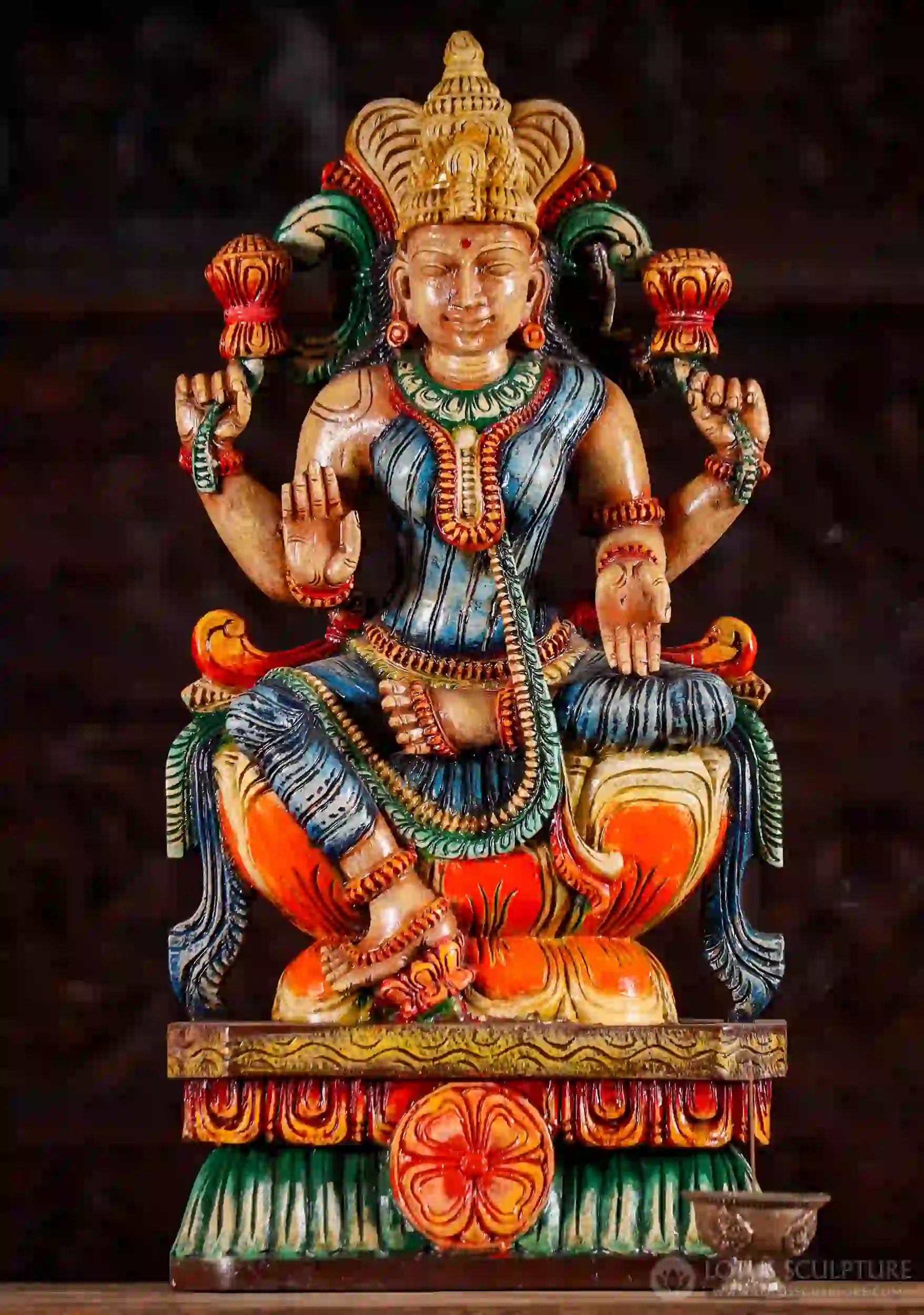 Lakshmi Hand-Painted Wood Statue in Abhaya and Varada Mudra with Lotus Flowers 24
