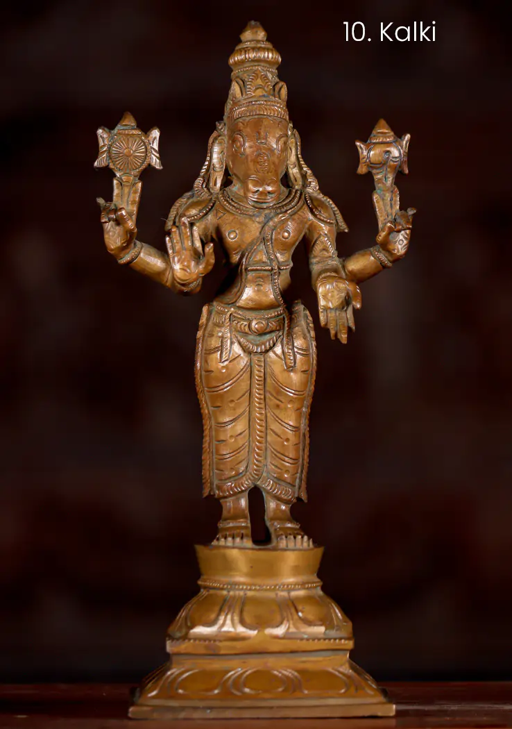Dasavatar Statues - Complete Set of Ten Avatars of Lord Vishnu Cast in South Indian Bronze 10.5"