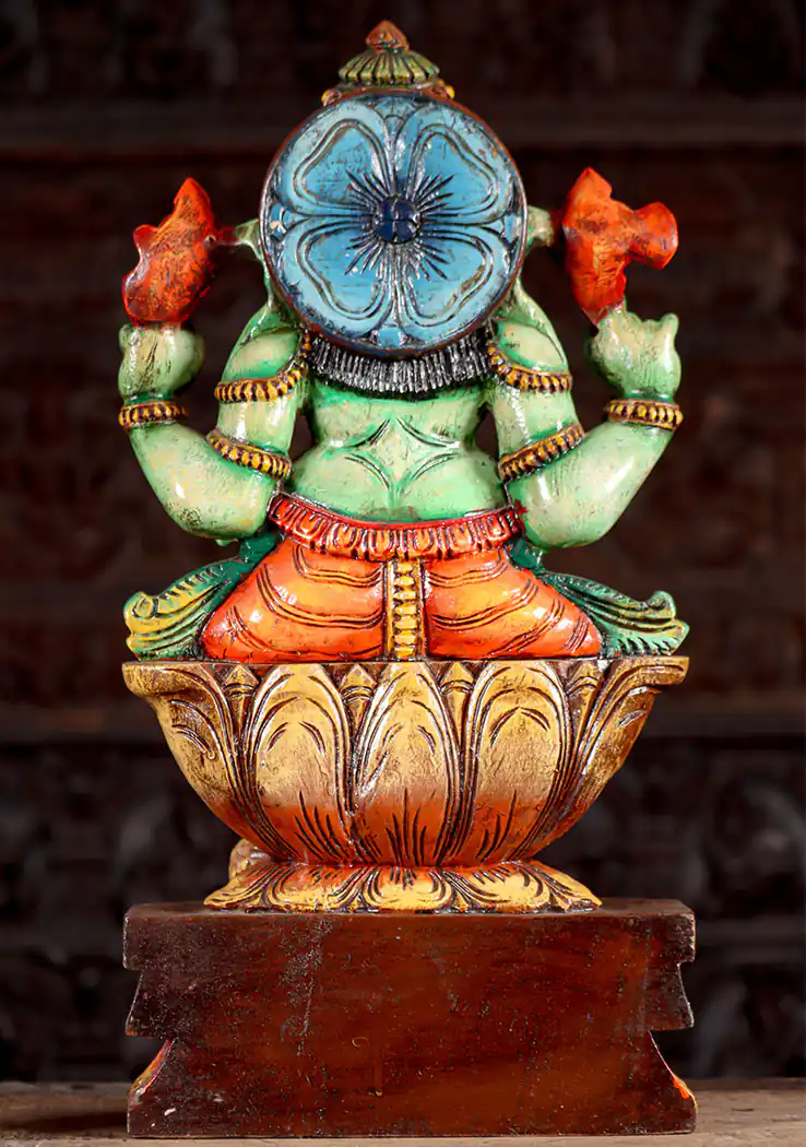 Ganesha Hand-Painted Wood Statue in Lalitasana with Broken Tusk, Laddu, Goad, and Noose 24"