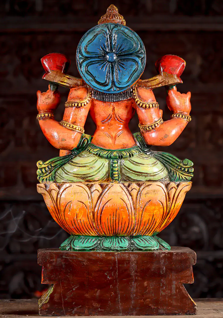 Lakshmi Painted Wooden Lalitasana in Abhaya, Varada & Two Lotuses 24"