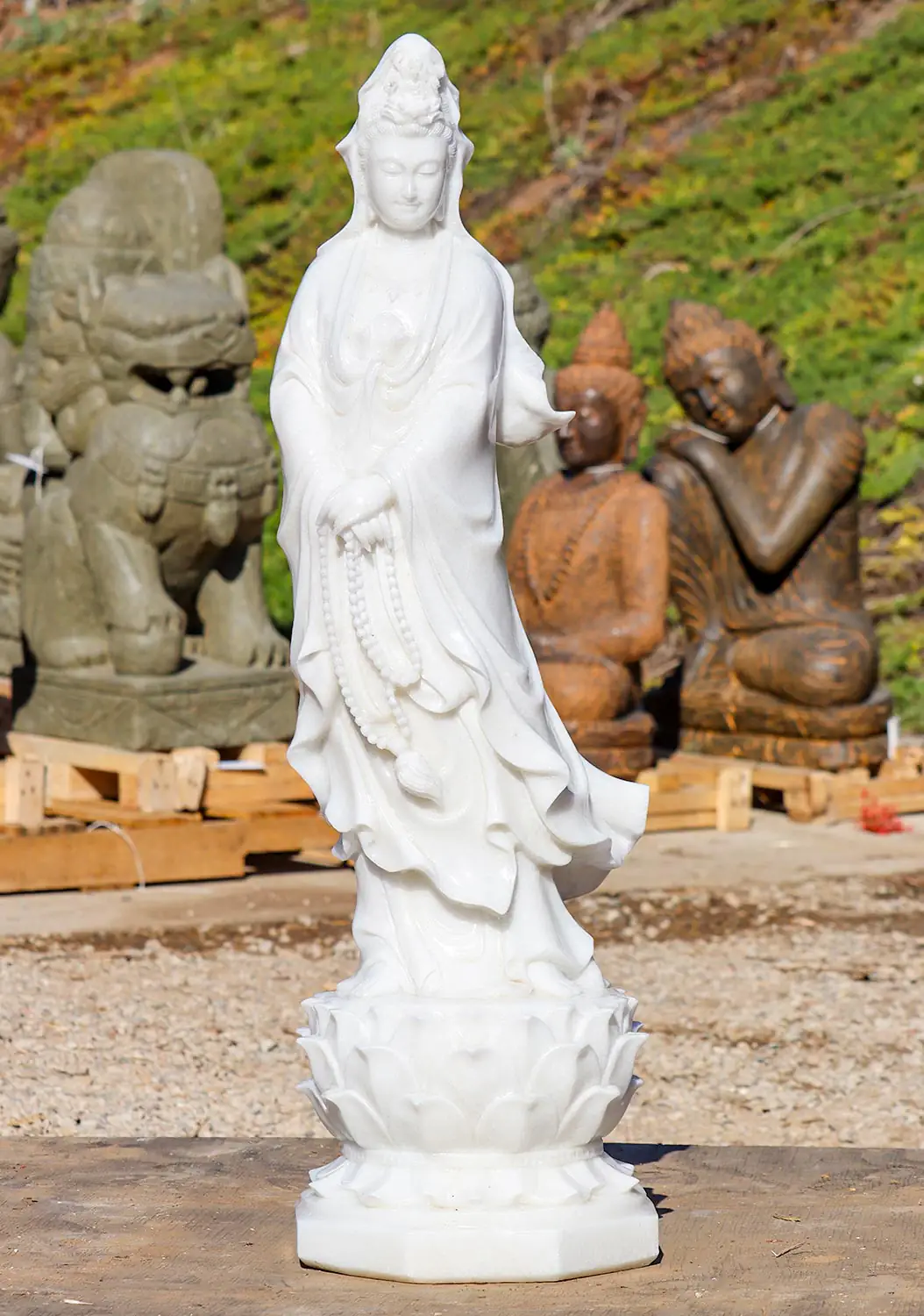 Kwan Yin White Marble Sculpture on Lotus  with Flowing Robes & Mala Beads 40"