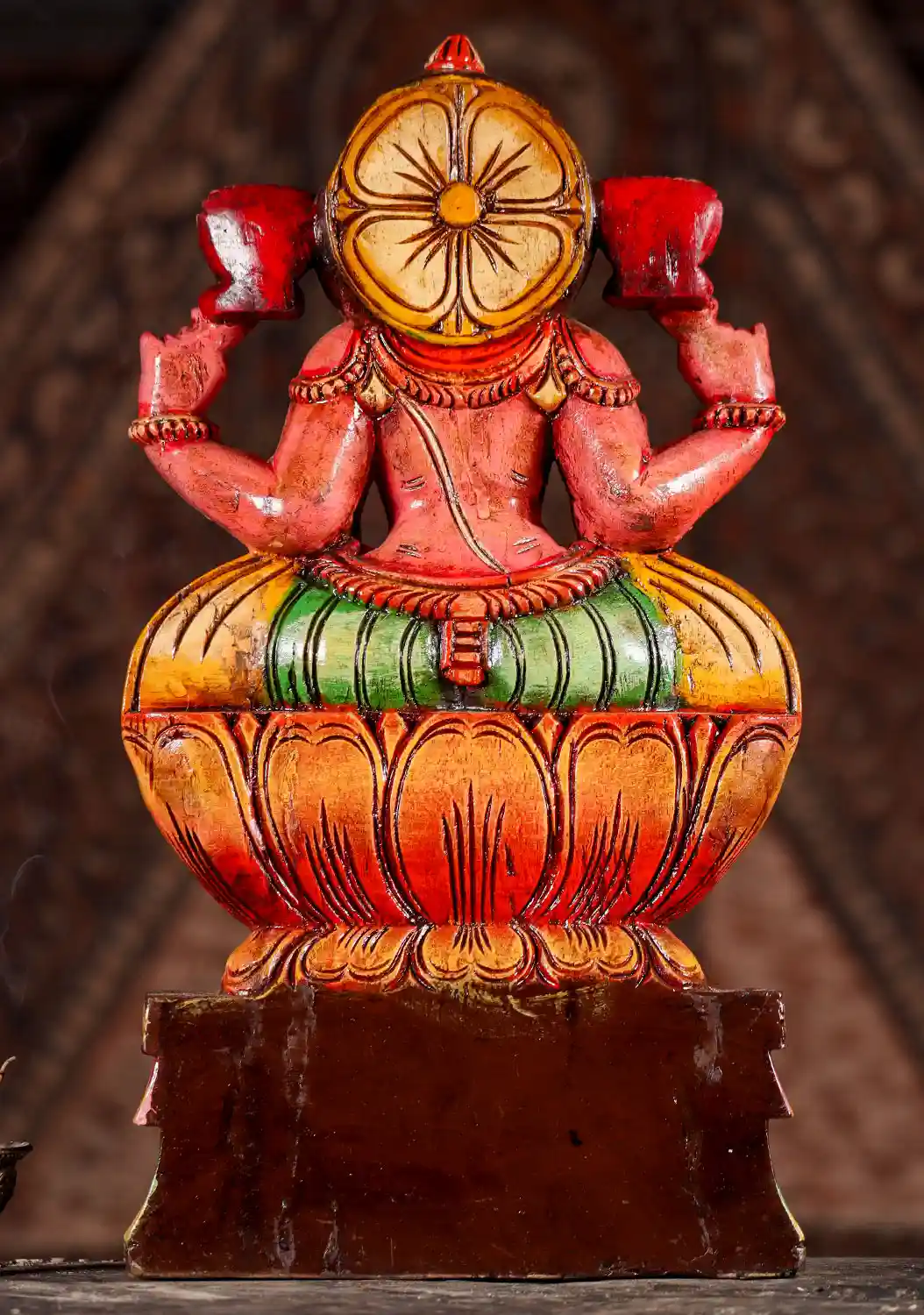 Lakshmi Hand-Painted Wood Statue in Abhaya and Varada Mudras Seated in Lalitasana 18"