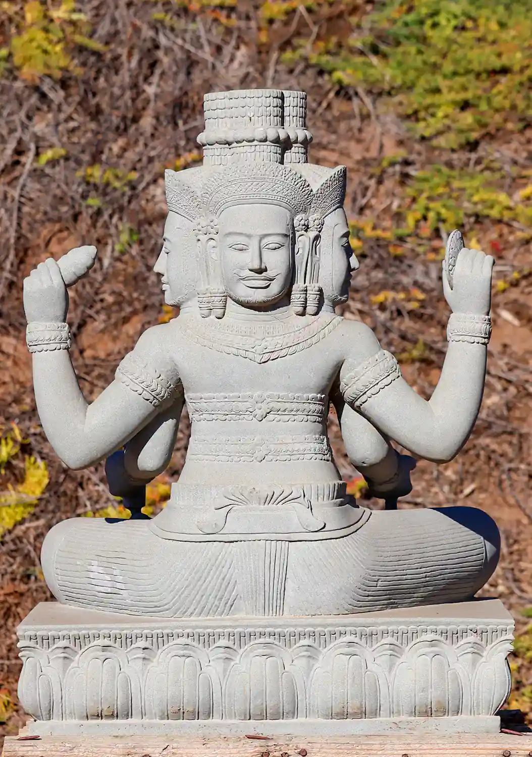 Brahma The Creator Sandstone Statue with Four Heads Seated in Half Lotus, Cambodia 32"