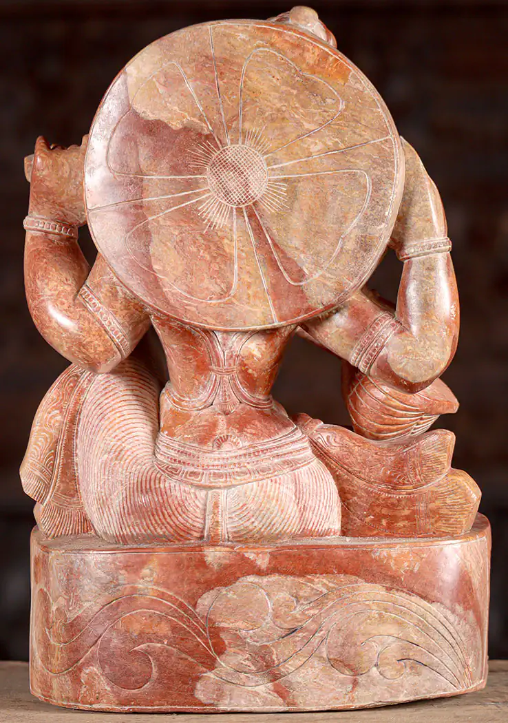 Saraswati Red Marble Sculpture in Lalitasana Playing the Veena on Lotus Base 14"