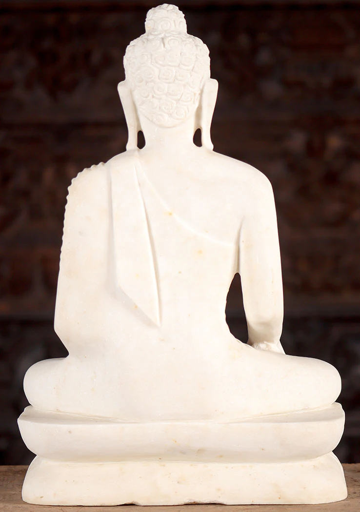 Buddha White Marble Earth-Touching Mudra, Full Lotus Pose on Lotus Base 18"