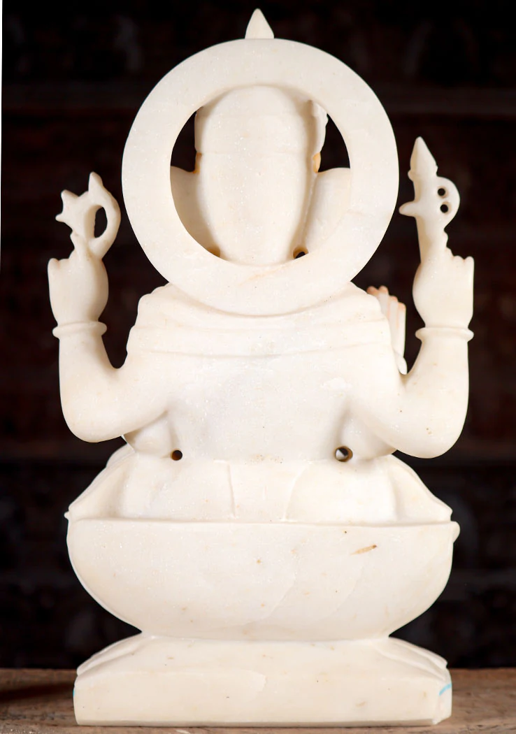 Ganesha White Marble Seated on Lotus with Goad Noose and Sweets Abhaya 18"