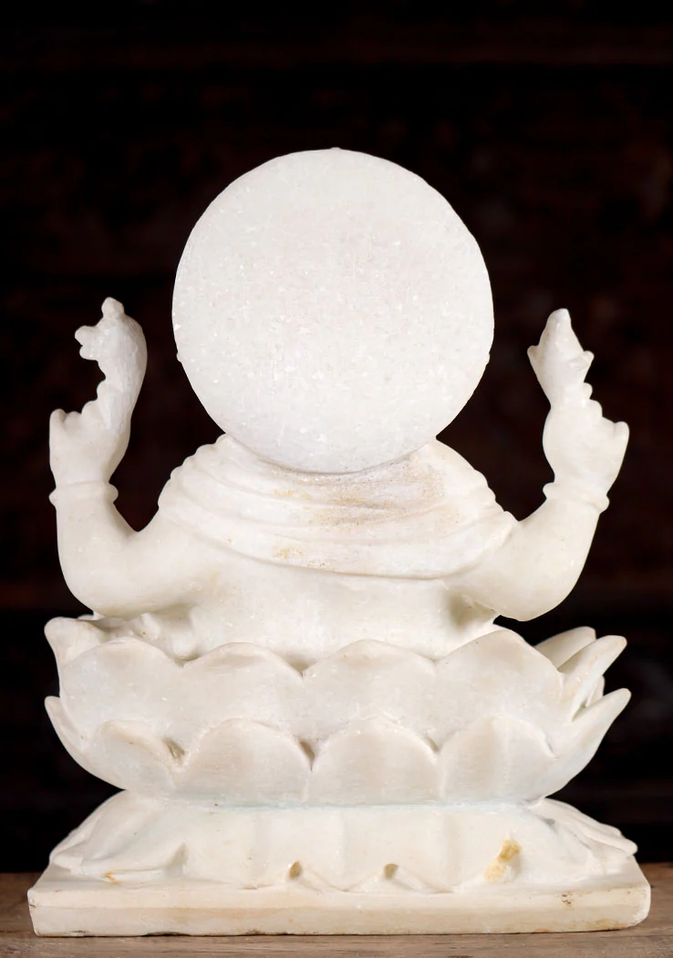 Ganesha White Marble Sculpture Seated  on Lotus Writing Mahabharata Epic 15"