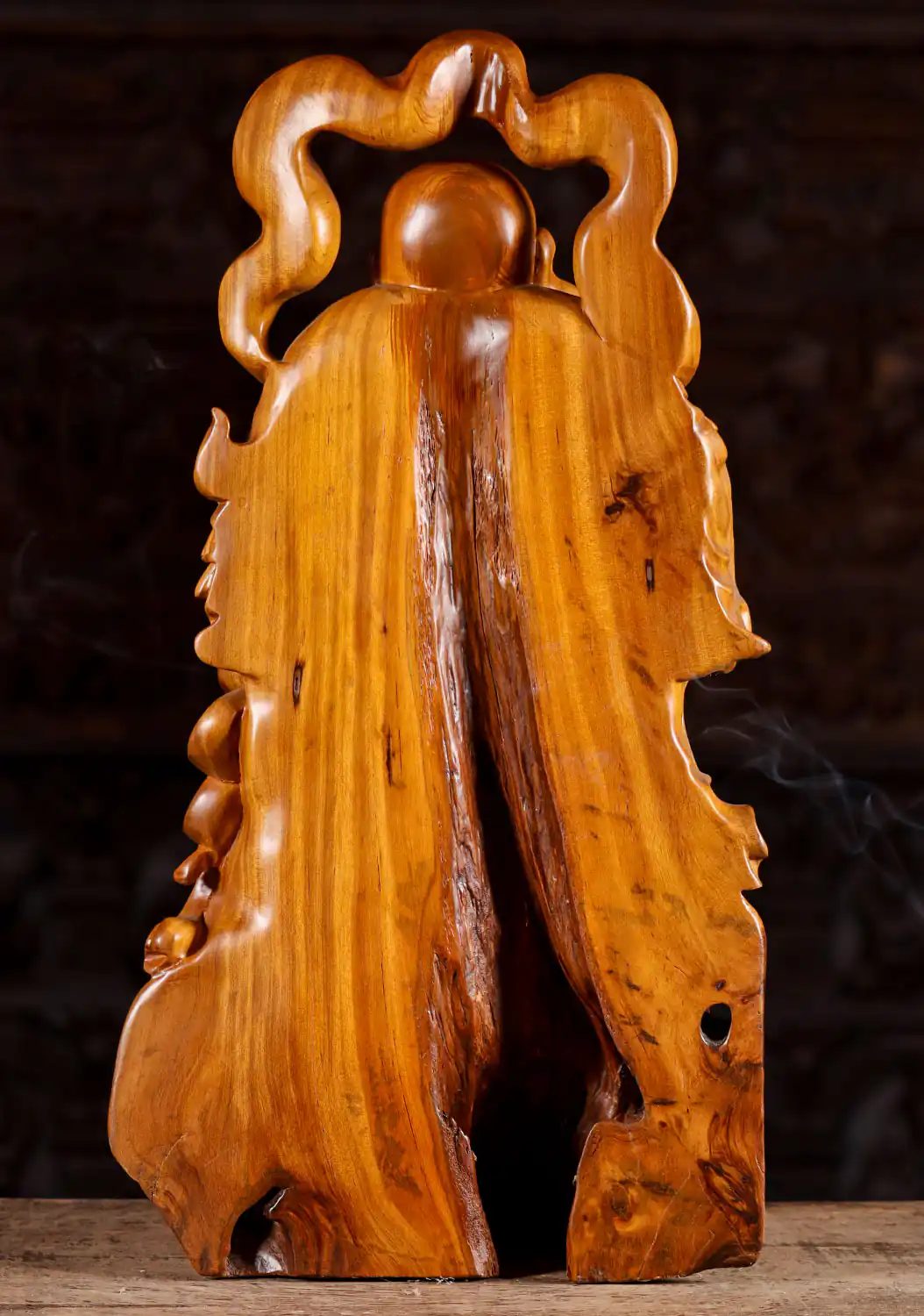 Fat & Happy Buddha of Wealth Sculpture with Smokey Halo - Vietnamese Wood 24"