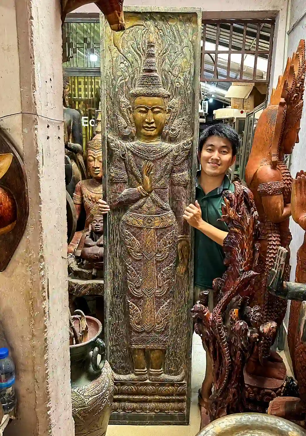 Buddha Wooden Statue in Abhaya Mudra under Moon & Stars from Cambodia 87"