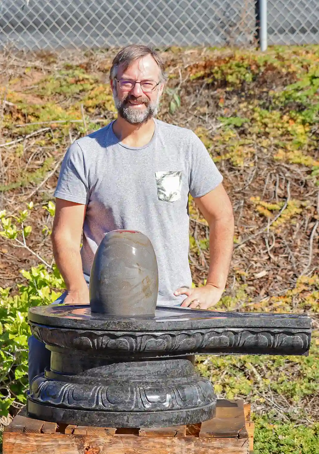 Grey Narmada River Stone with Red Lines Shiva Lingam Pillar of Fire with Black Yoni 34"