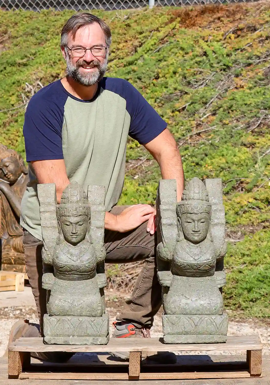 Kneeling Balinese Dvarapala Guardian Angel Stone Statues Pair of Hand-Carved Garden Sculptures 23.5"