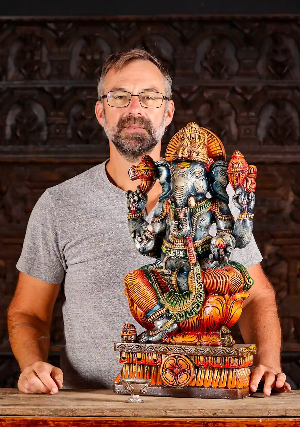 Ganesh Painted Wooden Statue with Goad, Noose & Mooshika on Lotus 24"