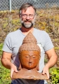 Buddha Lava Stone Bust Sculpture, Saffron Hand-Carved in Indonesia 20"