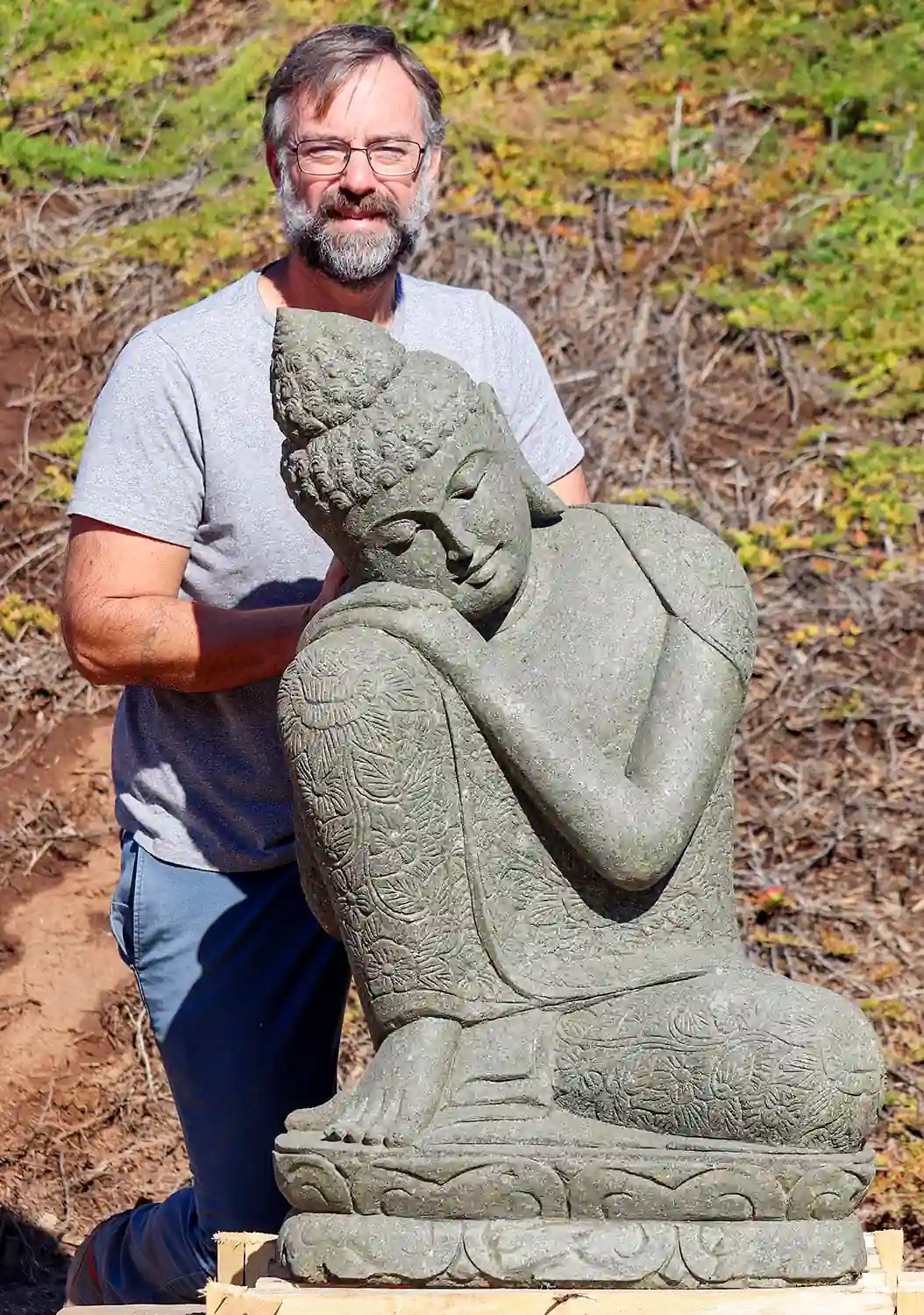 Buddha Lava Stone Garden Sculpture in Resting Pose & Brocade Robes 40"