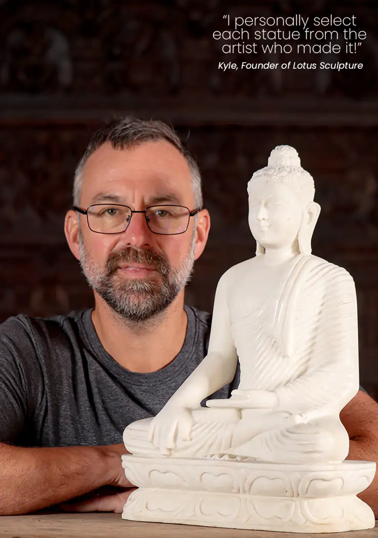 Buddha White Marble Earth-Touching Mudra, Full Lotus Pose on Lotus Base 18"