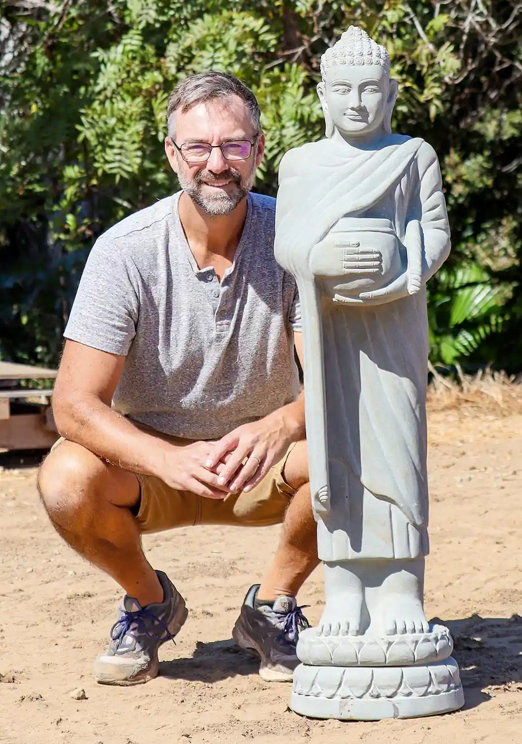 Buddha Sandstone Garden Sculpture with Alms Bowl Dana on Lotus Base 49"