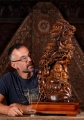 Hotei Buddha Under Bodhi Tree with Peaches Hand-Carved Dark Wood Sculpture 29"