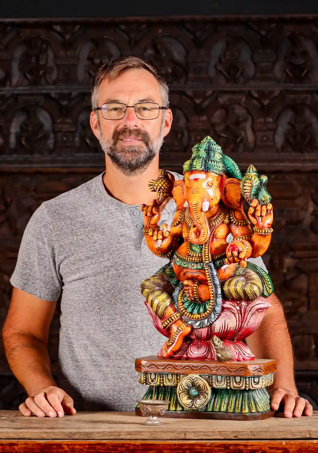 Ganesh Painted Wooden Sculpture, Hindu God Seated on Lotus with Mooshika 24"