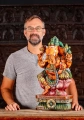Ganesh Painted Wooden Sculpture, Hindu God Seated on Lotus with Mooshika 24"