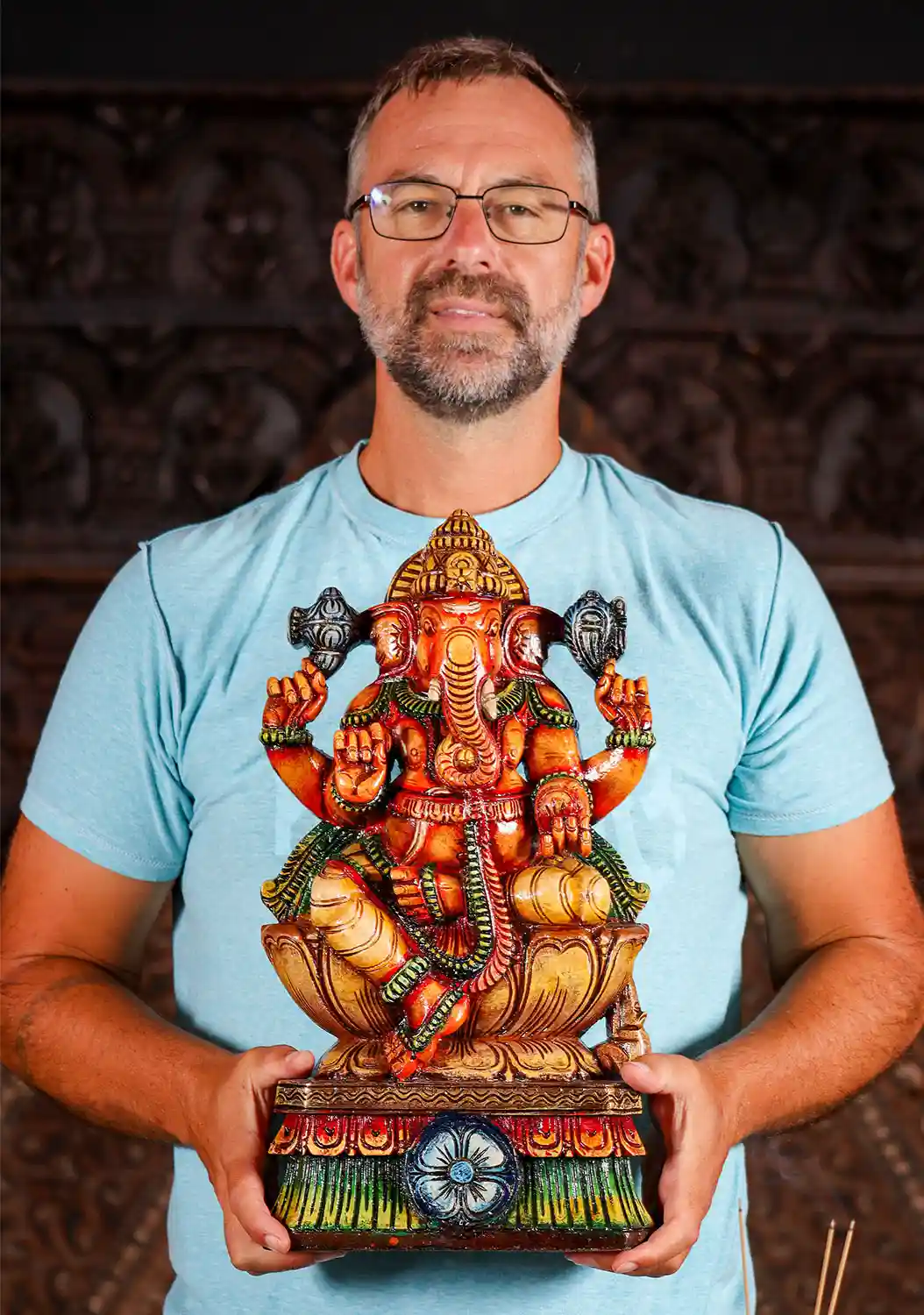 Ganesha Painted Wooden on Lotus: Right-Trunk, Goad, Noose