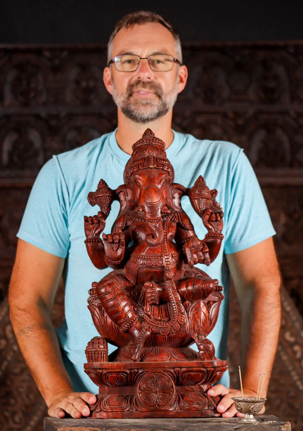 Ganesh Wooden Statue on Lotus with Right-Curled Trunk, Tusk, Mango, Goad 24"