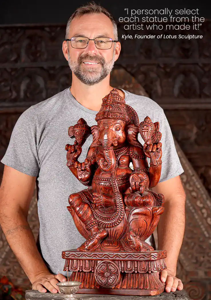 Ganesha Hand-Carved Wood Statue in Lalitasana with Goad, Noose, Mango, and Broken Tusk 24"
