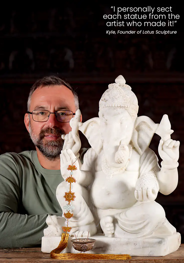 Ganesha White Marble Sculpture in Abhaya Mudra of Protection with Curled Trunk 21"