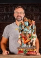 Krishna Hand-Painted Wood Statue Standing on Lotus Base Playing Flute with Cow 24"