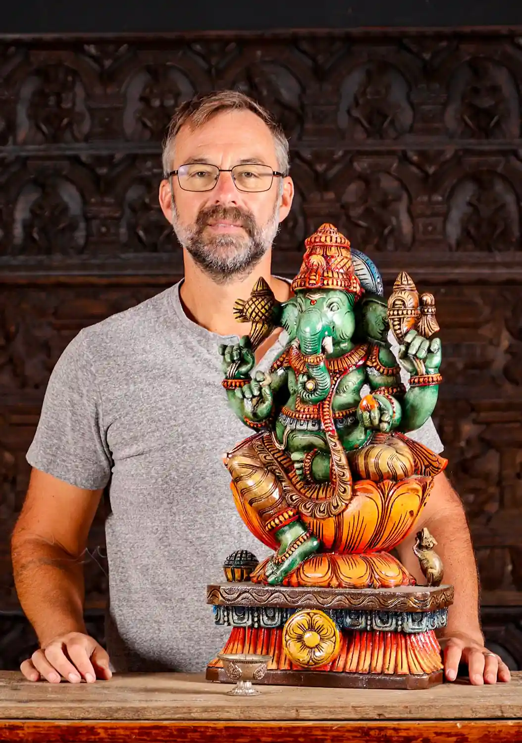 Ganesh Hand-Carved Wooden Statue on Lotus: Tusk, Goad, Mango, Noose 24"