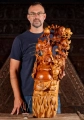 Hotei Buddha Wood Sculpture Holding Wish Stick and Peach Under Fruiting Tree 34"
