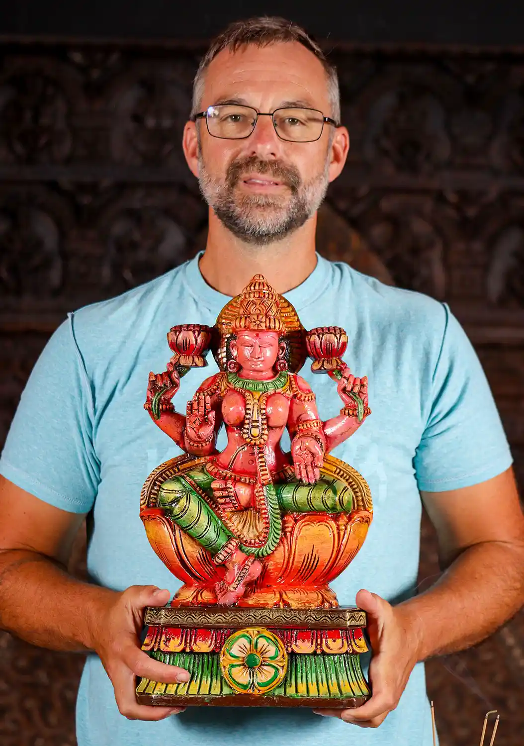 Lakshmi Hand-Painted Wood Statue in Abhaya and Varada Mudras Seated in Lalitasana 18"