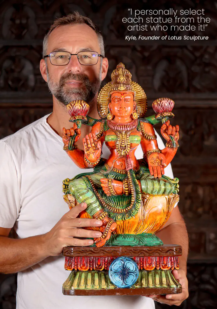 Lakshmi Painted Wooden Lalitasana in Abhaya, Varada & Two Lotuses 24"