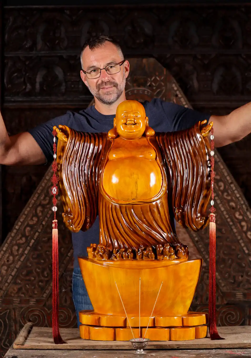 Fat & Happy Hotei Buddha Wood Sculpture in Welcoming Display with Outstretched Arms 33"