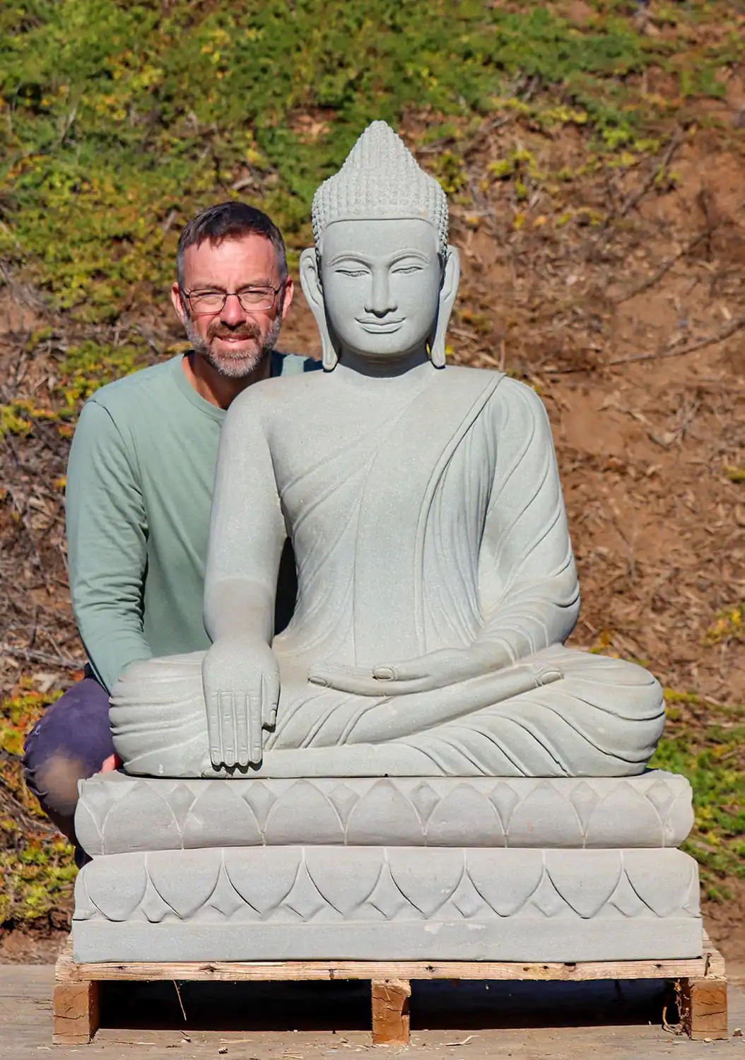 Buddha Sandstone Garden Sculpture in Earth-Touching Mudra & Half Lotus 48"