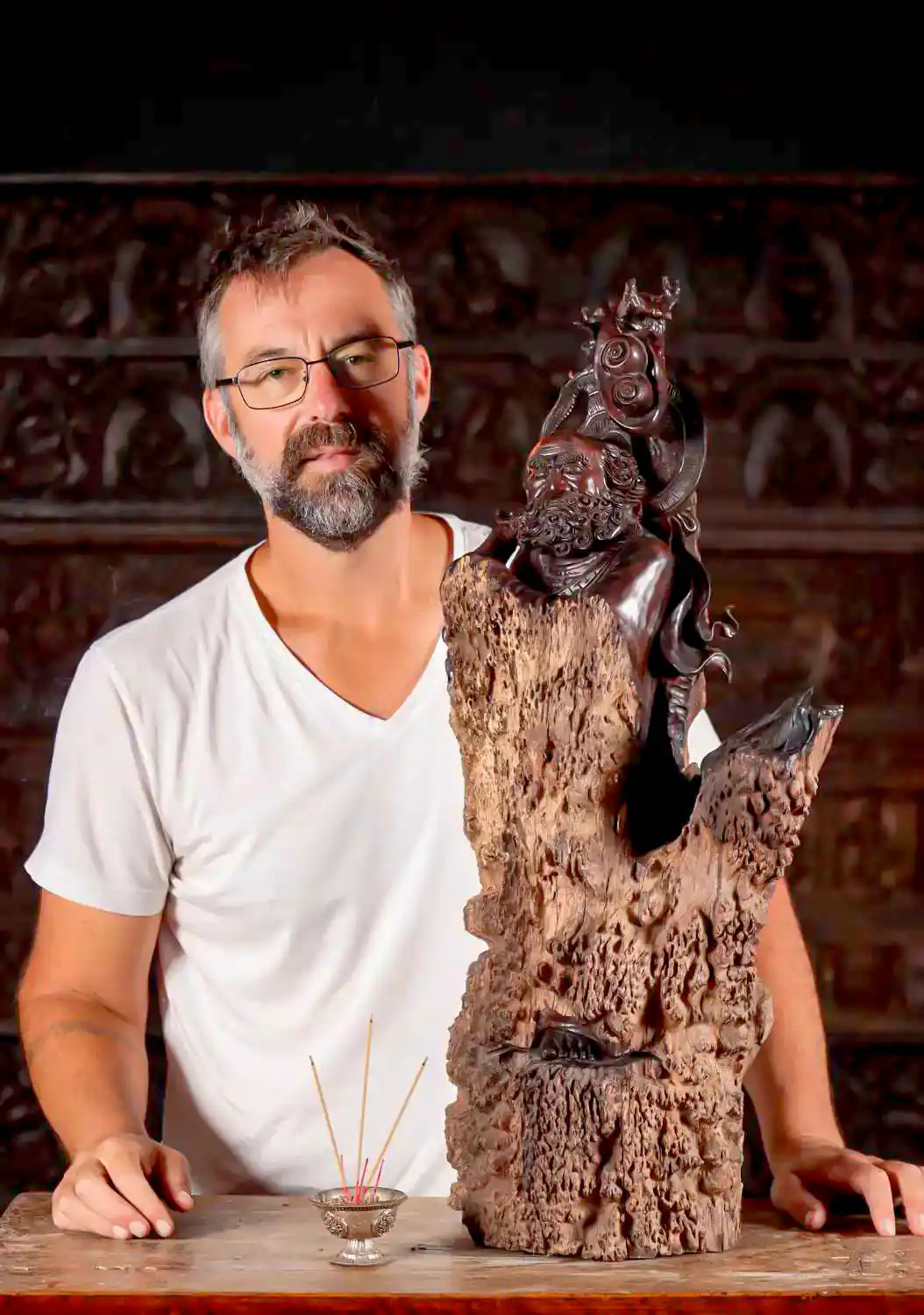 Bodhidharma Hand-Carved Zen Sculpture in Natural Burl Wood with Dark Accents 29"