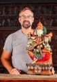 Saraswati Hand-Painted Wood Statue Seated on Lotus Base Holding Veena, Vedas, and Mala 24"