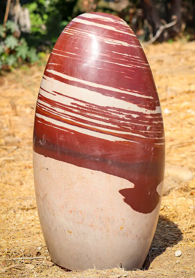 Large Narmada Shiva Lingam Stone with Rich Red and Pink Spiral Patterns 34"