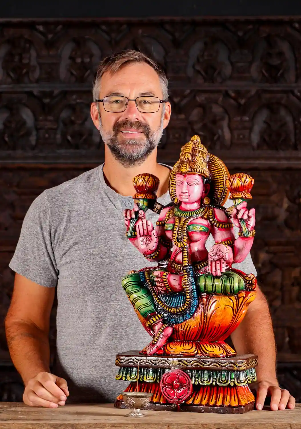 Lakshmi Painted Wooden Statue in Lalitasana: Abhaya, Varada & Lotuses 24"