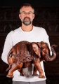 Processional Elephant Wood Sculpture with Decorative Carpet and Curled Trunk 16"