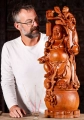 Standing Laughing Buddha Wooden Statue with Children, Wishstick, and Gold Coins 32"