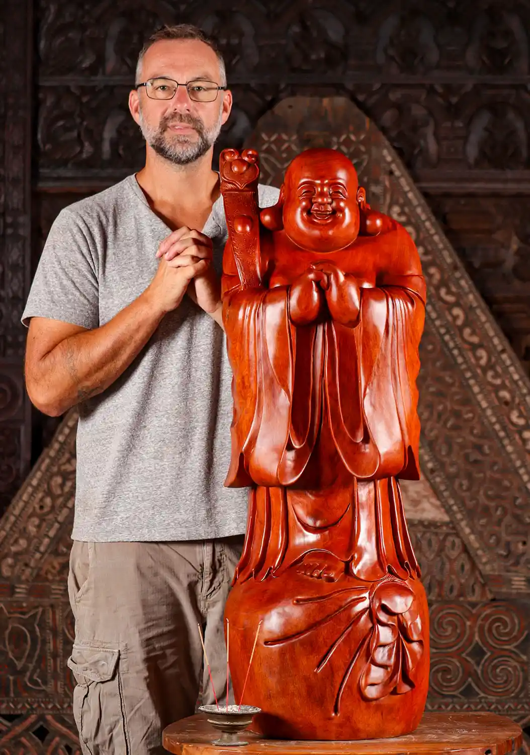 Happy Buddha Hand-Carved Wood Statue with Hands Clasped on Sack of Gold 40'