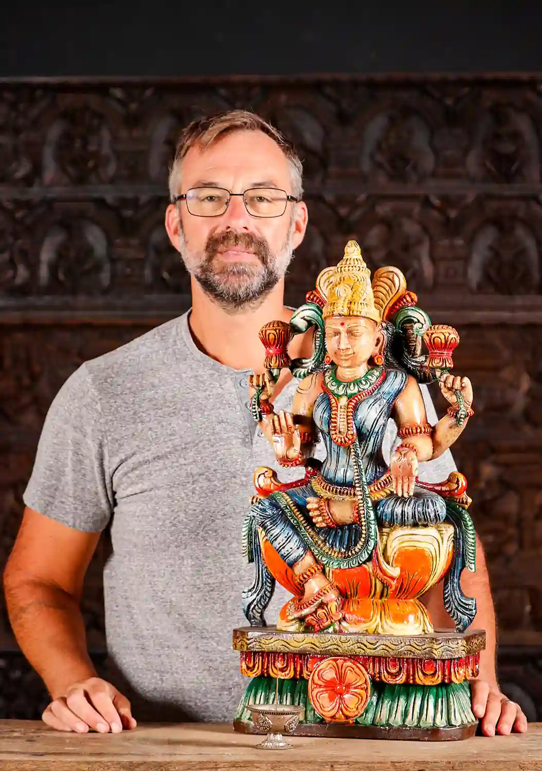 Lakshmi Hand-Painted Wood Statue in Abhaya and Varada Mudra with Lotus Flowers 24