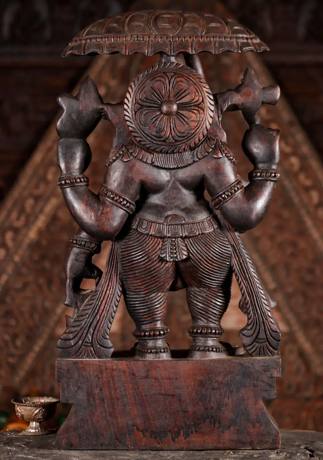 Ganesha Bridegroom Wooden Statue with Umbrella, Goad, Noose & Water Vessel 24"