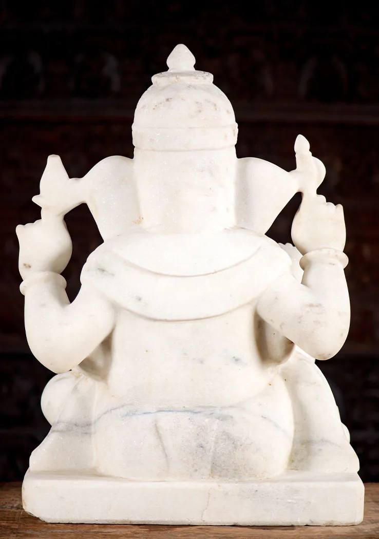 Ganesha White Marble Sculpture in Abhaya Mudra of Protection with Curled Trunk 21"